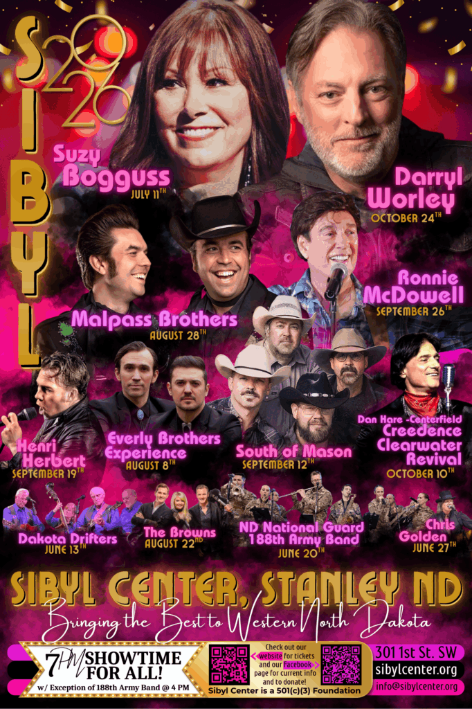 Sibyl Center 2026 concert lineup poster for Stanley, North Dakota